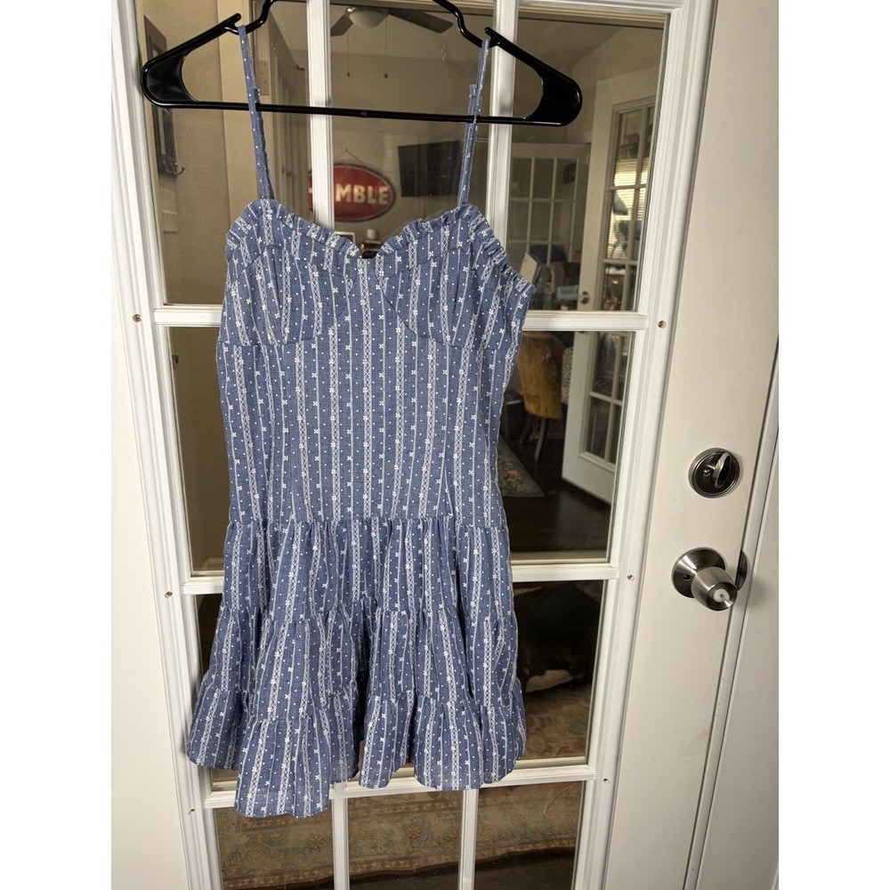Storia Blue Chambray Embroidered Ditsy Stripe Mini Dress‎ Summer Size S Coastal
